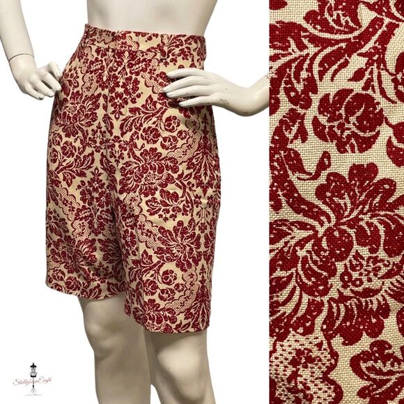 VINTAGE 1950s early 1960s Baroque Floral High Waist Long Walking Shorts 6 8 S M - Picture 1 of 16